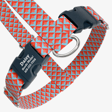 closeup view of harness with personalized buckle