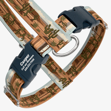 closeup view of harness with personalized buckle