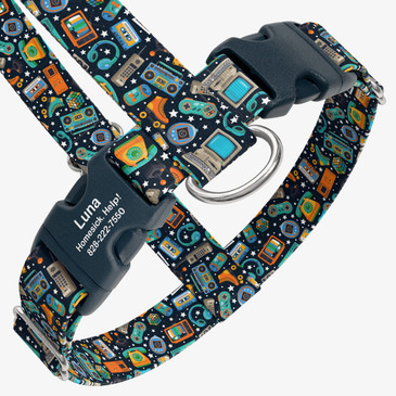 closeup view of harness with personalized buckle