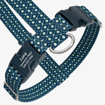 closeup view of harness with personalized buckle