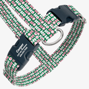 closeup view of harness with personalized buckle