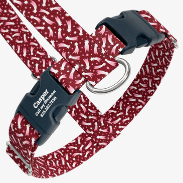 closeup view of harness with personalized buckle