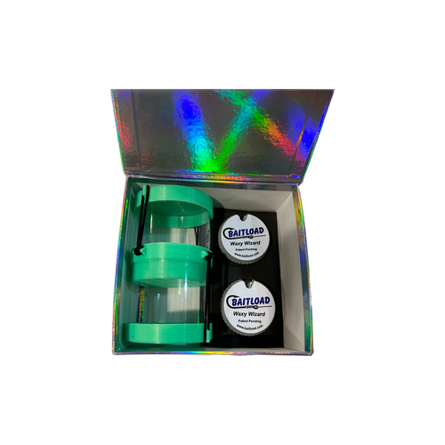 Waxy Wizard Fisher Kit with Green Florescent Waxy Sifter.  Boxes may be shiny or white.   Shiny box shown.
