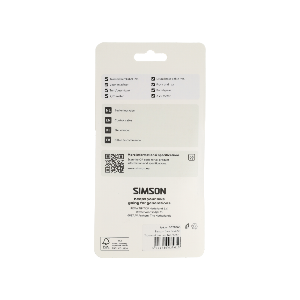 Simson Trommelrem Binnenkabel – RVS (2.25m)