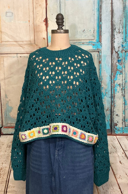 Teal crochet cropped sweater