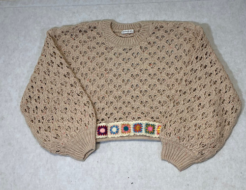 beige, crochet cropped sweater, granny Square