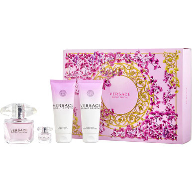 Versace Bright Crystal Eau De Toilette Spray 3 oz & Body Lotion 3.4 oz & Shower Gel 3.4 oz & Eau De Toilette 0.17 oz Mini