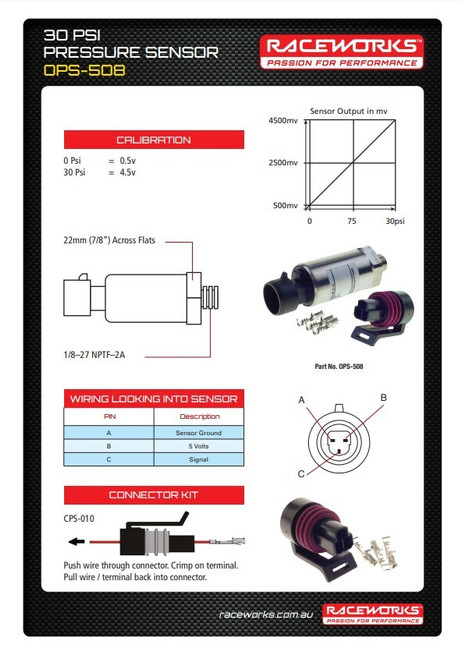 Raceworks 30PSI (3Bar) Euro Coolant/Carby Pressure Sensor 1/8NPT Raceworks 30PSI (3Bar) Euro Coolant/Carby Pressure Sensor 1/8NPT