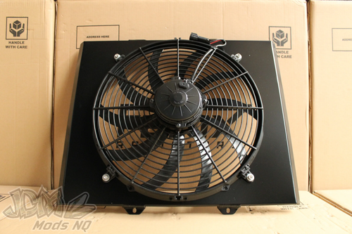 FENIX Holden VB-VC-VH-VK Commodore v8 Full Alloy Manual Radiator, Custom Built Shroud & 16" 3000CFM Spal Fan FENIX Holden VB-VC-VH-VK Commodore v8 Full Alloy Manual Radiator, Custom Built Shroud & 16" 3000CFM Spal Fan