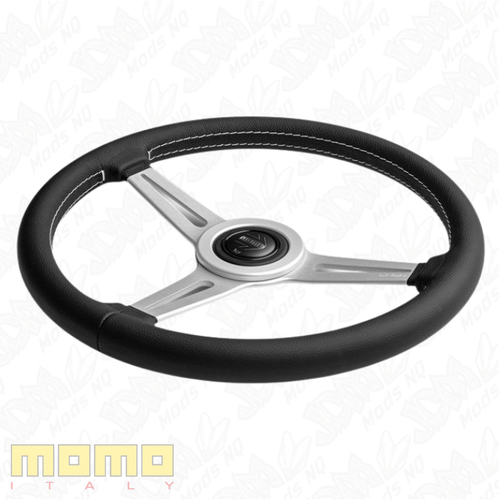 MOMO Retro Silver Spokes Black Leather 360mm Steering Wheel