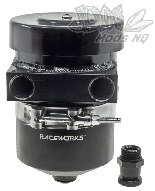 Raceworks Internal Breather Aluminium Catch Can Straight-Ports With Drain Tap Black - 1L