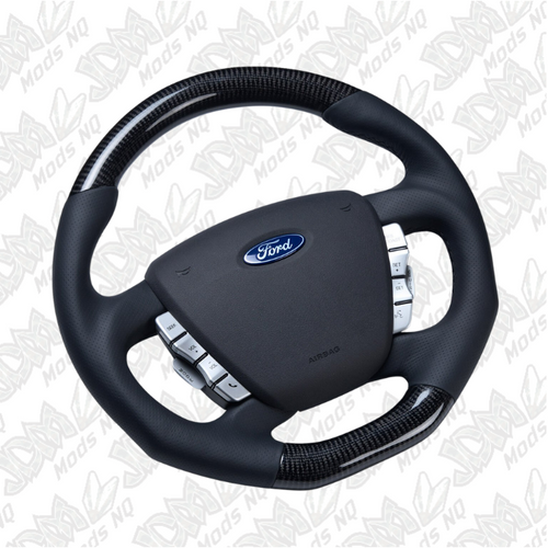 Retro Ford/FPV FG Falcon Steering Wheel Black Leather Black Stitching Carbon Fibre Flat Bottom FG-FB-BLK-ST-CF