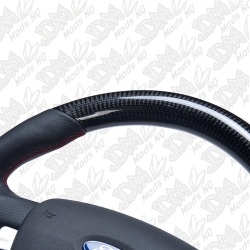 Retro Ford/FPV FG Falcon Steering Wheel Black Leather Red Stitching Carbon Fibre Flat Bottom FG-FB-RED-ST-CF Retro Ford/FPV FG Falcon Steering Wheel Black Leather Red Stitching Carbon Fibre Flat Bottom FG-FB-RED-ST-CF