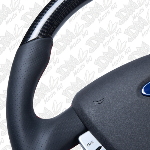 Retro Ford/FPV FG Falcon Steering Wheel Black Leather Red Stitching Carbon Fibre Flat Bottom FG-FB-RED-ST-CF Retro Ford/FPV FG Falcon Steering Wheel Black Leather Red Stitching Carbon Fibre Flat Bottom FG-FB-RED-ST-CF