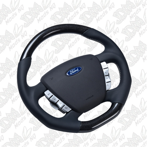 Retro Ford/FPV FG Falcon Steering Wheel Black Leather White Stitching Carbon Fibre Flat Bottom FG-FB-WHT-ST-CF