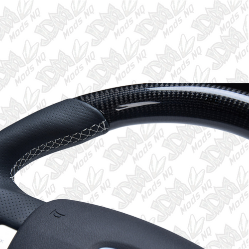 Retro Ford/FPV FG Falcon Steering Wheel Black Leather White Stitching Carbon Fibre Flat Bottom FG-FB-WHT-ST-CF Retro Ford/FPV FG Falcon Steering Wheel Black Leather White Stitching Carbon Fibre Flat Bottom FG-FB-WHT-ST-CF