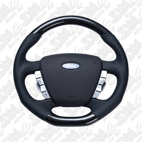 Retro Ford/FPV FG Falcon Steering Wheel Black Leather White Stitching Carbon Fibre Flat Bottom FG-FB-WHT-ST-CF Retro Ford/FPV FG Falcon Steering Wheel Black Leather White Stitching Carbon Fibre Flat Bottom FG-FB-WHT-ST-CF