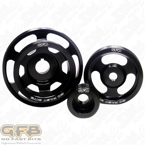 GFB Lightweight aircraft grade alloy underdrive pulley kit for Subaru MY08-on WRX/Sti (3 pulleys and belts included)