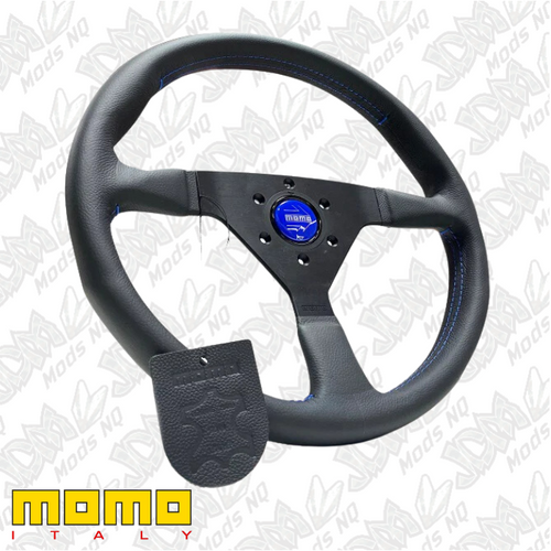 MOMO Montecarlo Black Leather With Blue Stitching 350mm Steering Wheel MOMO Montecarlo Black Leather With Blue Stitching 350mm Steering Wheel