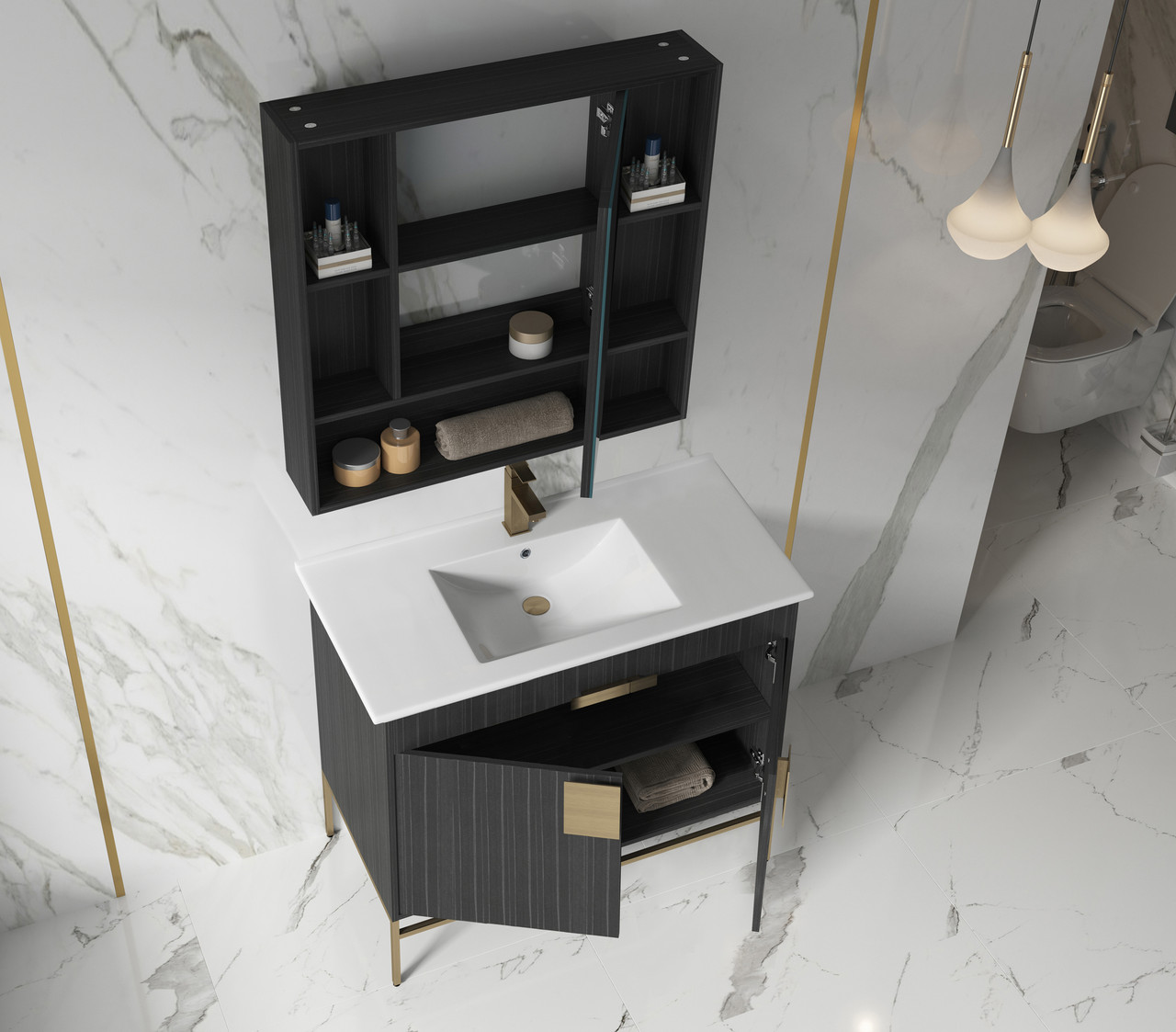 Alma Barsalona 40 Bathroom Vanity Dawn grey , Golden Brass Hardware - ALMA  PREMIUM VANITIES