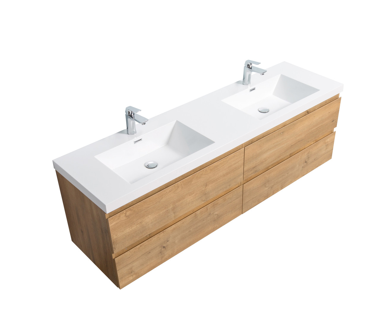 72 inch Wall Mounted Double Bathroom Vanity Latte Oak Finish with Solid  Surface Integrated Sink Top