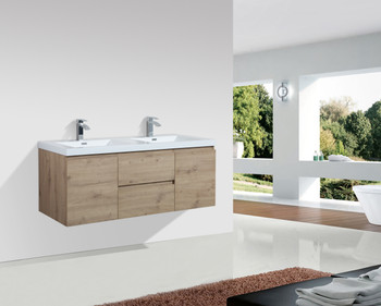 Alma Pre 60″ Natural Oak Double Sink Wall Mount Vanity With A Integrated Sink