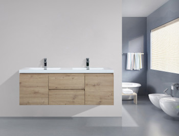 Alma Pre 60″ Natural Oak Double Sink Wall Mount Vanity With A Integrated Sink