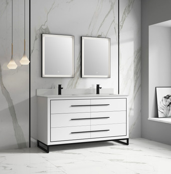 Alma Kathyia 60" Double Sink Vanity ,White Stone top with porcelain sink ,Matt black Hardware