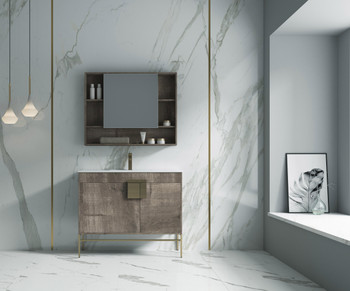 Alma Bulanka 40" Bathroom Vanity Plaid Grey Oak Finish , Golden Brass Hardware