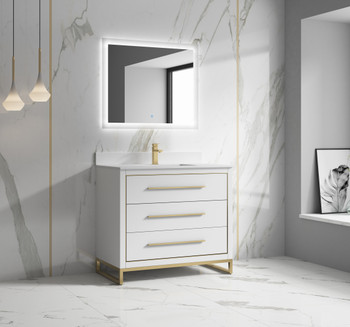Alma Kathyia 40" Free Standing Vanity ,White Stone Top With Porcelain sink ,Golden Brass Hardware