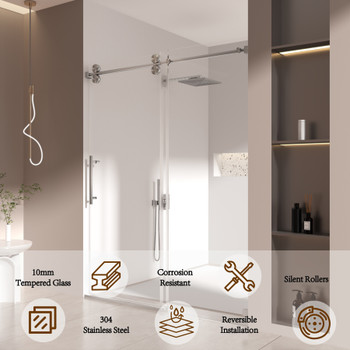 Single Sliding 56-60" x 76" Frameless Shower Door with 3/8" Tempered Glass, Brushed Nickel