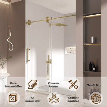 Single Sliding 56-60" x 76" Frameless Shower Door with 3/8" Tempered Glass, Brush Gold