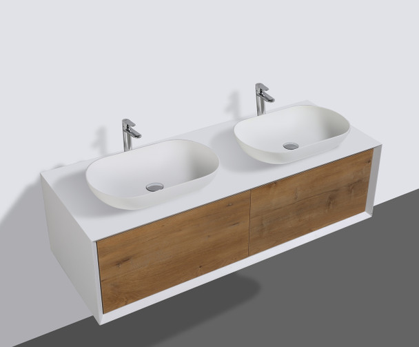 Alma Fiona 55″ Natural Wood Finish Wall Mount Vanity With Two Vessel Sinks