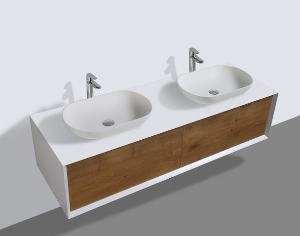 Alma Fiona 63 Nature Wood Finish Wall Mount Vanity With Double Vessel Sink