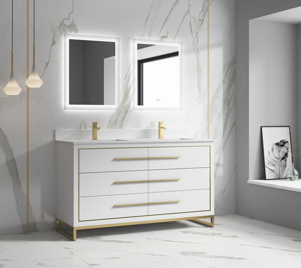 Alma Kathyia 60" Double Sink Vanity ,White Stone top with porcelain sink ,Brush Gold Hardware