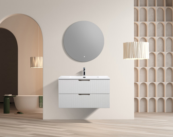 Themis 36″ White Wall Mount Vanity With A Integrated Sink