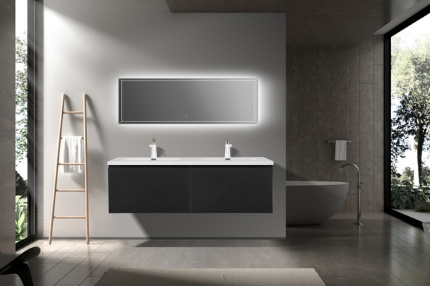 Alma-Moore 72″ Black Wall Mount Vanity With A Integrated White Sink