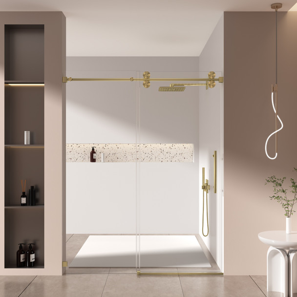 Single Sliding 56-60" x 76" Frameless Shower Door with 3/8" Tempered Glass, Brush Gold