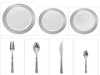 Decorline White w/Silver Rim China-Like 9" Dinner Plates + 7" Salad Plates + 12oz. Soup Bowls + Cutlery *Case of 120*