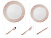 Mosaic Collection White w/Rose Gold & Silver Border China-Like Plastic 10.25" Dinner Plates + 7" Salad Plates + Cutlery *Party for 16*