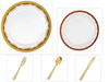 Vintage Collection White w/ Gold & Burgundy Border China-Like Plastic 10.25" Dinner Plates + 7" Salad Plates + Cutlery *Party for 120*