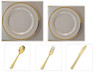 White w/Gold Band China-Like Plastic 10" Dinner Plates + 7" Salad Plates + Cutlery *Party for 100*