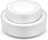 White w/ Silver Band 25 Each: 10" Dinner Plates, 7" Salad/Dessert Plates Disposable Plastic Dinnerware Set for 25