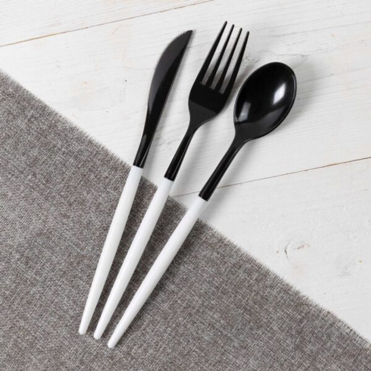 Chic Plastic Flatware Black / White Combo Forks, Spoons Knives 24ct.