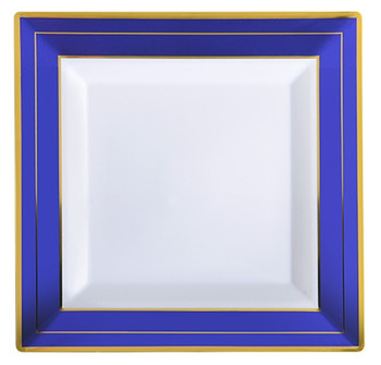 Blue Splendor 10" Square White w/ Blue and Gold Band Plastic Dinner Plates *Case of 120*