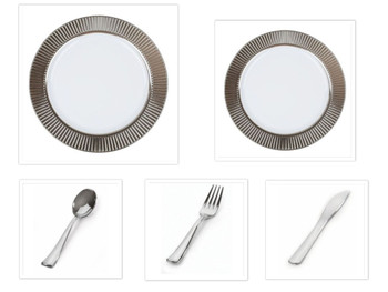 Celebrations Silver Border 10 1/4" Dinner Plates + 7 1/2" Salad Plates + Cutlery *Party of 60*