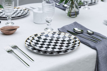 Checkerboard Plastic Wedding 8" Salad Plates Black & White Checkered With Gold Rim 10ct.