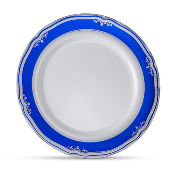 Cobalt Blue / Silver Tableware Set of 32 White Party Plates With Blue & Silver Border/Rim