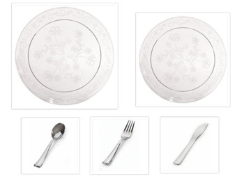 D'Vine Collection Clear Scrollware 10" Dinner Plates + 7" Salad Plates + Cutlery *Party for 100*