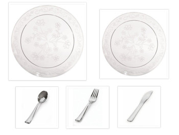 D'Vine Collection Clear Scrollware 10" Dinner Plates + 7" Salad Plates + Cutlery *Party for 20*